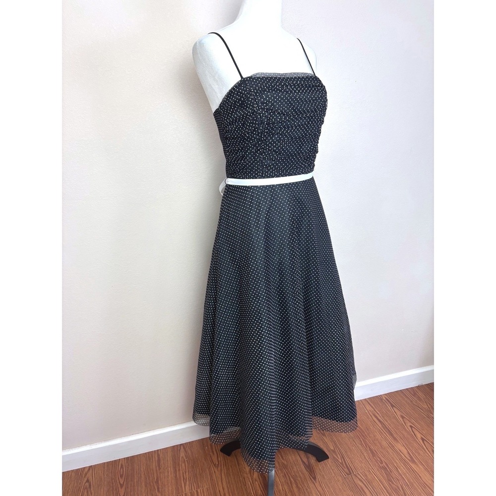 Y2K Vintage Black & White Polka Dot Sheer Tulle Midi Dress Size 6 Retro Chic - Picture 4 of 4